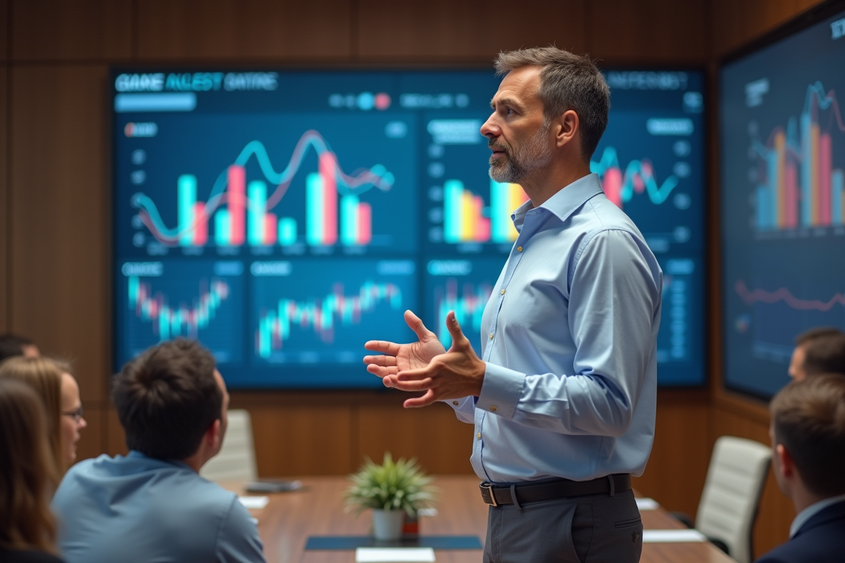 Homme en présentation de données dans une salle de réunion