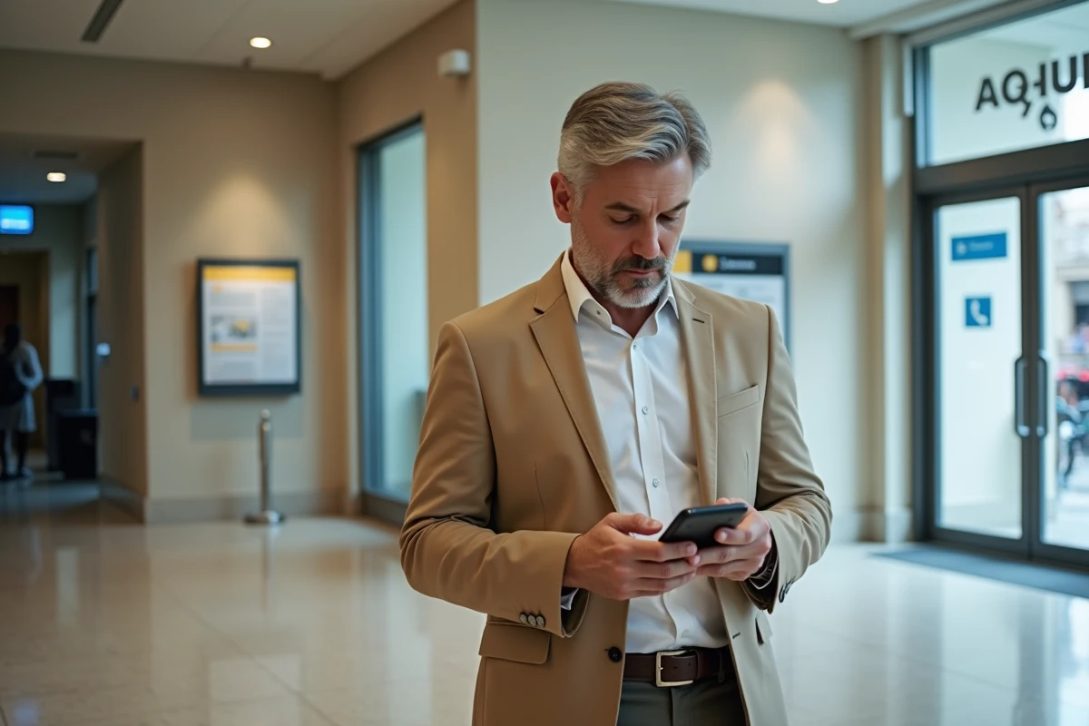 Homme d age moyen vérifiant ses contacts au reception