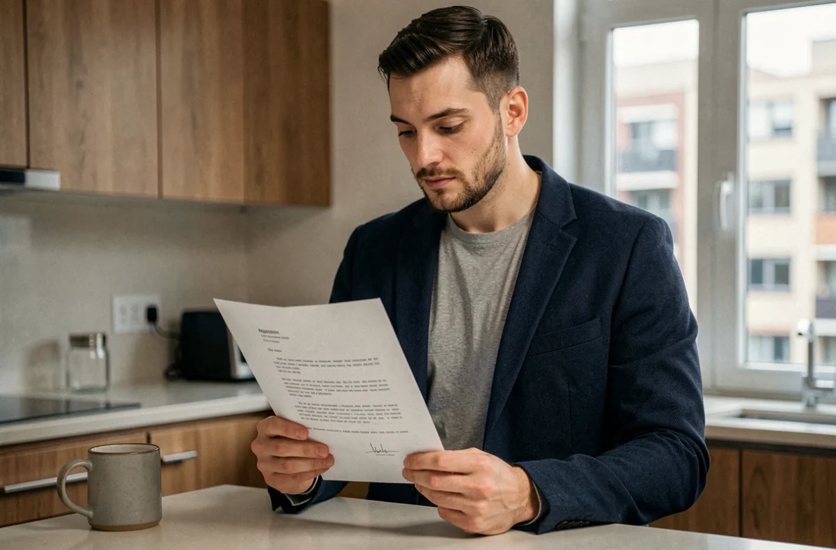 Homme relisant sa lettre de démission imprimée dans sa cuisine à domicile