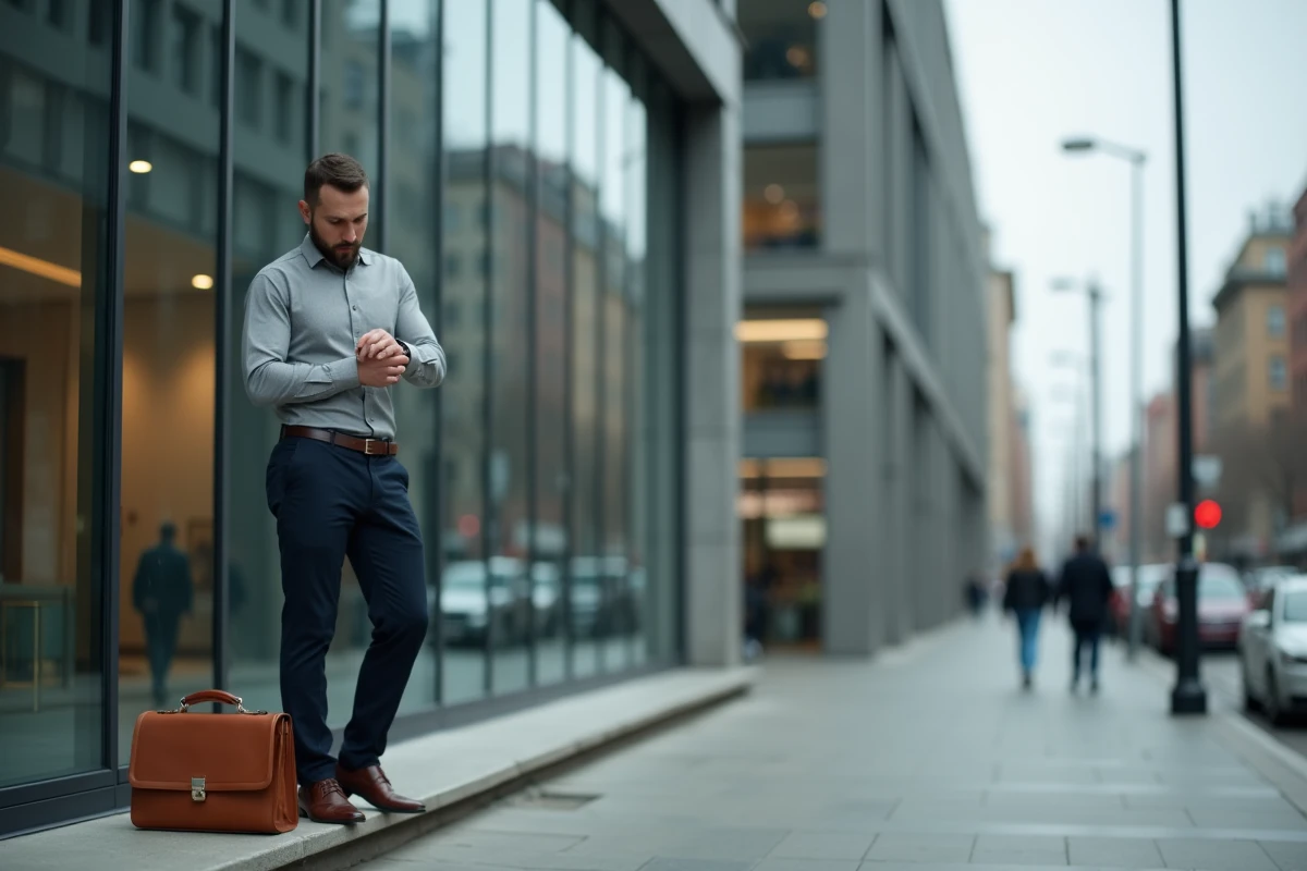 Homme en tenue professionnelle vérifiant l'heure devant un immeuble de bureaux, exprimant ses excuses pour un retard imprévu