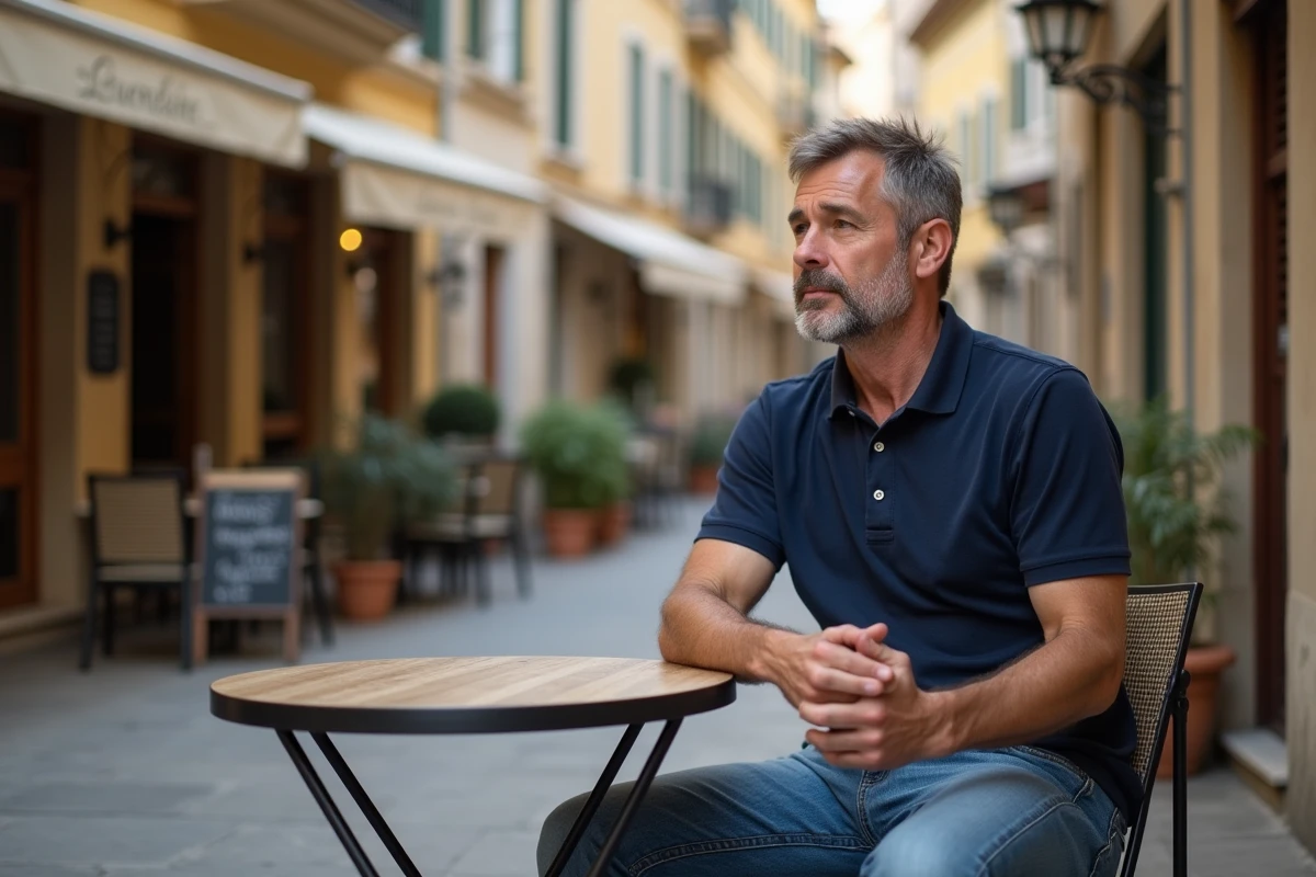 Homme d'âge moyen assis dans un café européen charmant