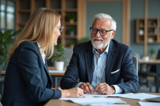 Homme senior en costume discutant au bureau avec collègue