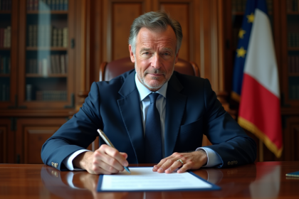 Homme français en costume navy signe un document officiel