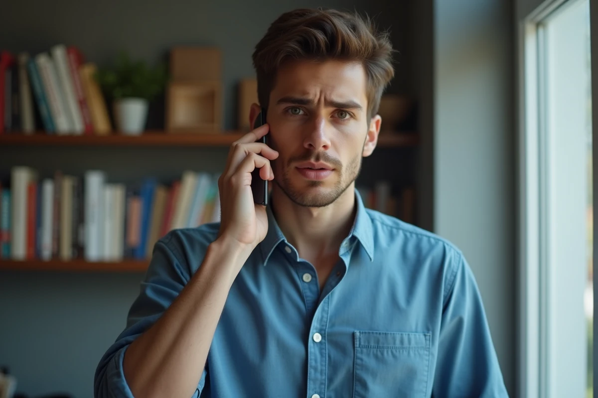 Jeune homme sceptique parlant au téléphone dans un appartement