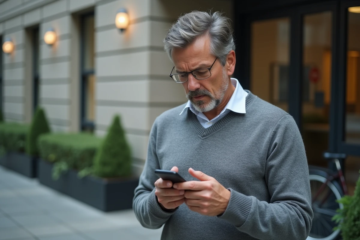 Homme pensif utilisant son smartphone devant un bâtiment