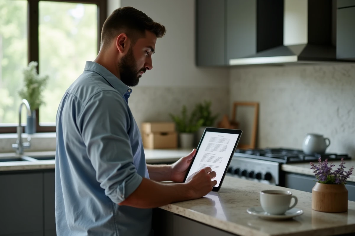 Homme dans sa cuisine tape un email de démission sur tablette