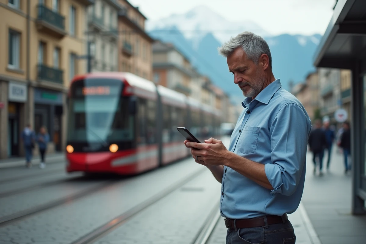 Homme dans la ville de Grenoble utilisant son smartphone