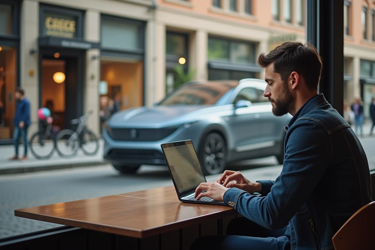 Homme travaillant au café avec SUV électrique visible