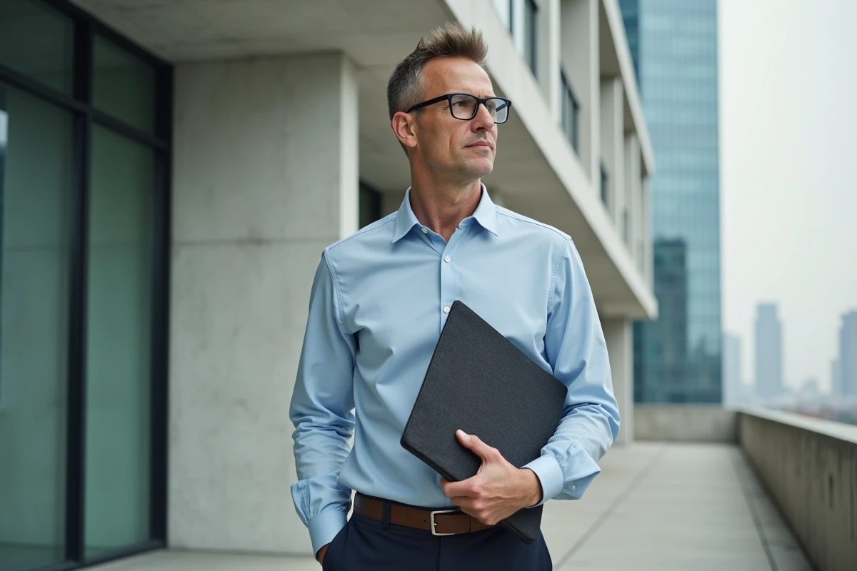 Homme d affaires avec portfolio devant b&acirc;timent moderne