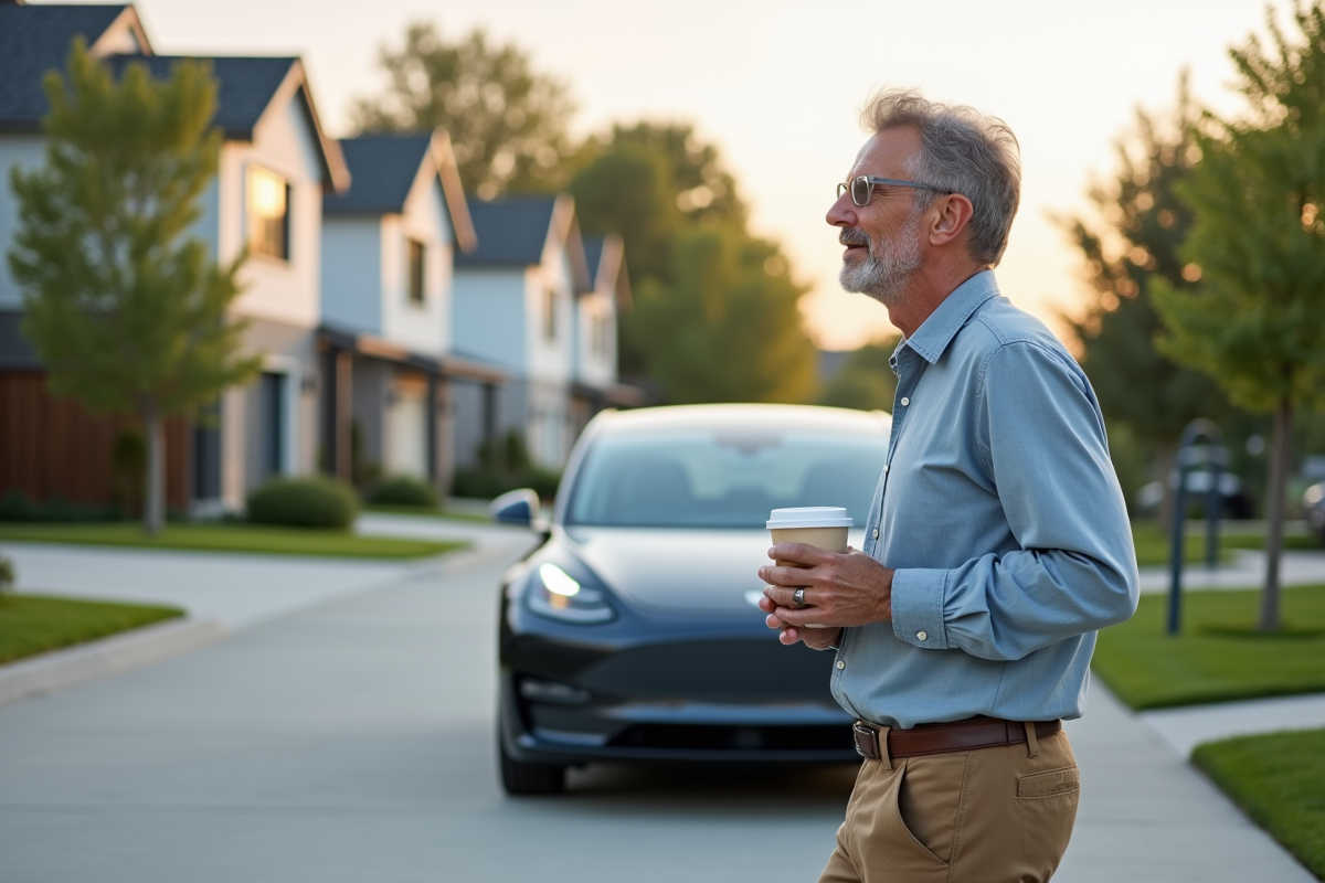 Homme regardant sa voiture électrique dans un quartier résidentiel