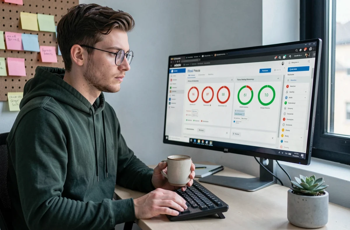 Hugo Domeur, spécialiste SEO, concentré sur un audit de site web dans son espace de travail moderne et organisé