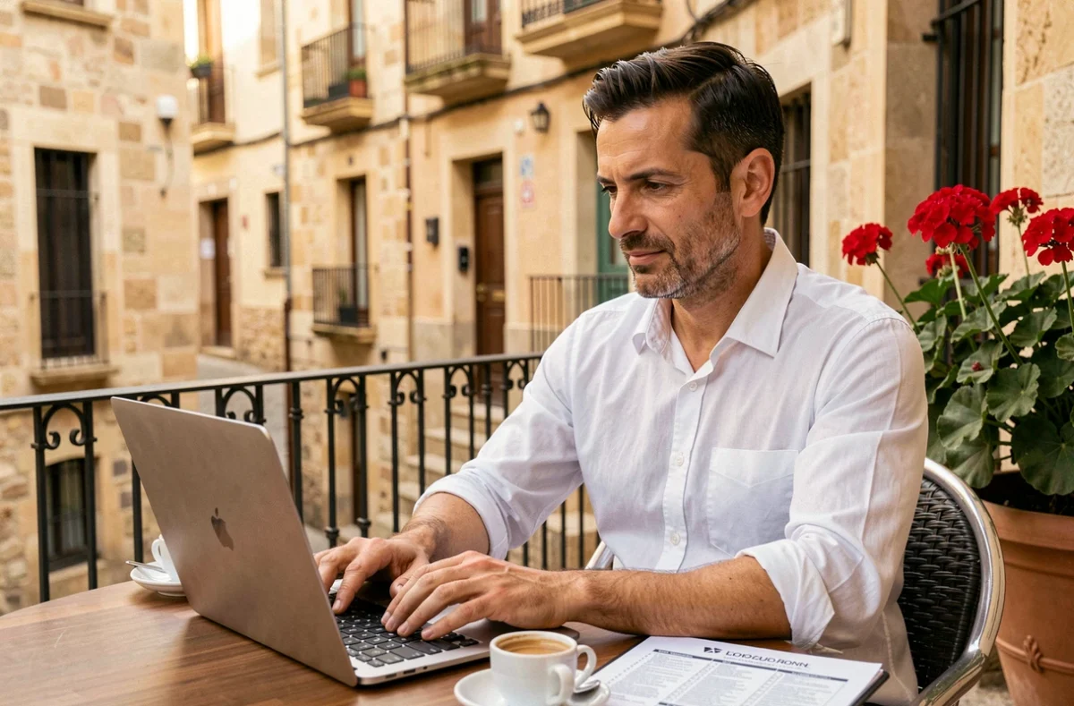 Travailleur indépendant gérant ses démarches de portage salarial depuis une terrasse de café à Perpignan
