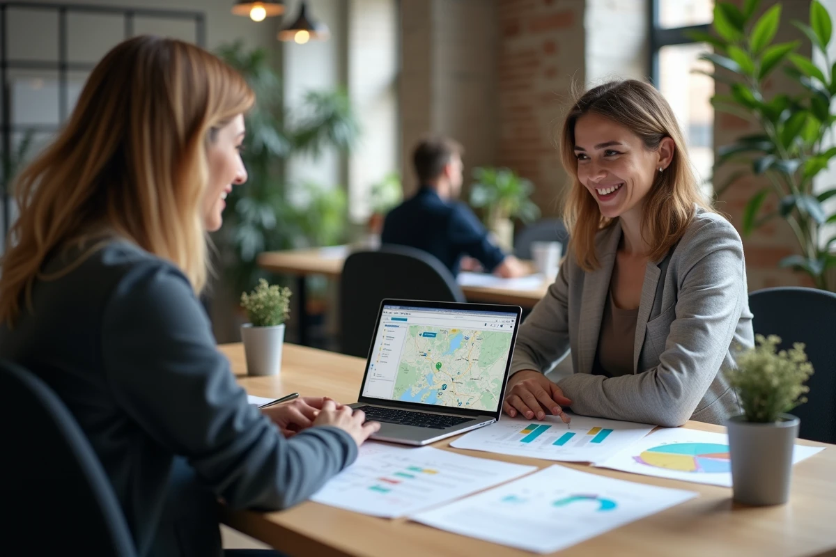 Deux indépendants collaborant sur une stratégie de marketing local dans un espace de coworking