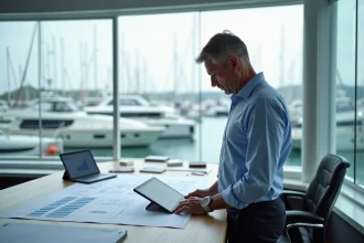 Ingénieur naval analysant des plans de conception de yacht et des tendances du marché nautique dans un studio moderne avec vue sur un port de plaisance