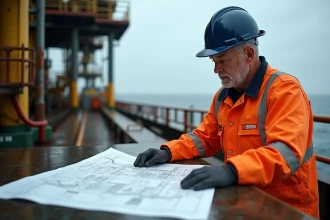 Ingénieur offshore examinant des plans techniques sur une plateforme pétrolière en mer profonde