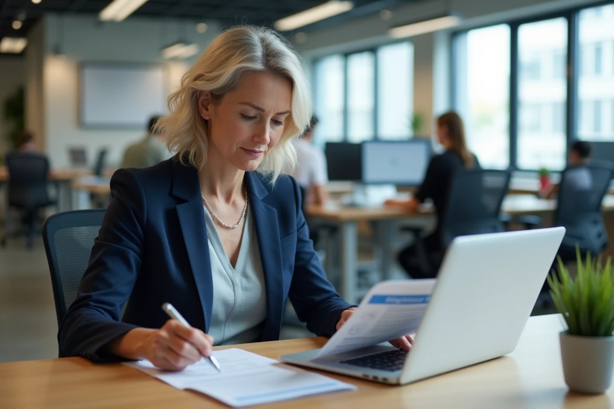 Salariée remplissant un formulaire d'inscription au CSE de Dassault Aviation Saint-Cloud sur son bureau