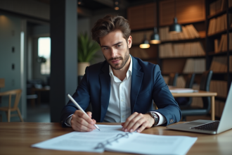 Jeune entrepreneur français en costume dans un bureau moderne