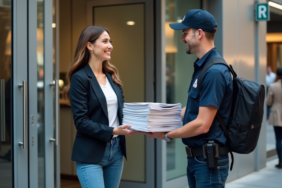 Jeune entrepreneure remettant des dossiers à un livreur devant un bâtiment