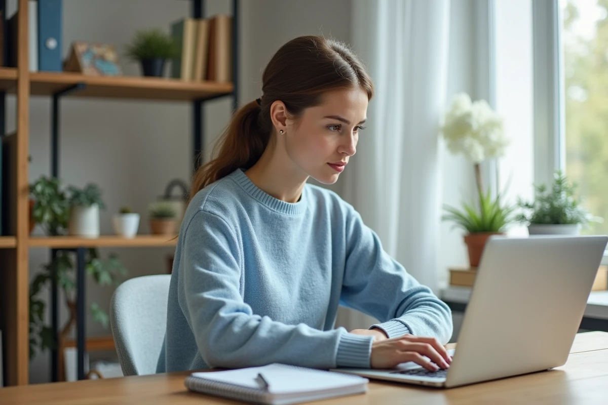 Jeune femme au bureau avec ordinateur portable pour article
