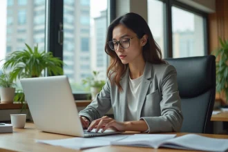Jeune femme professionnelle au bureau avec ordinateur