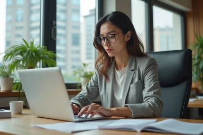 Jeune femme professionnelle au bureau avec ordinateur