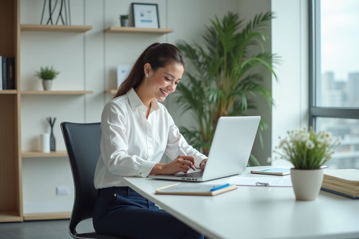 Jeune femme professionnelle travaillant sur un ordinateur dans un bureau moderne