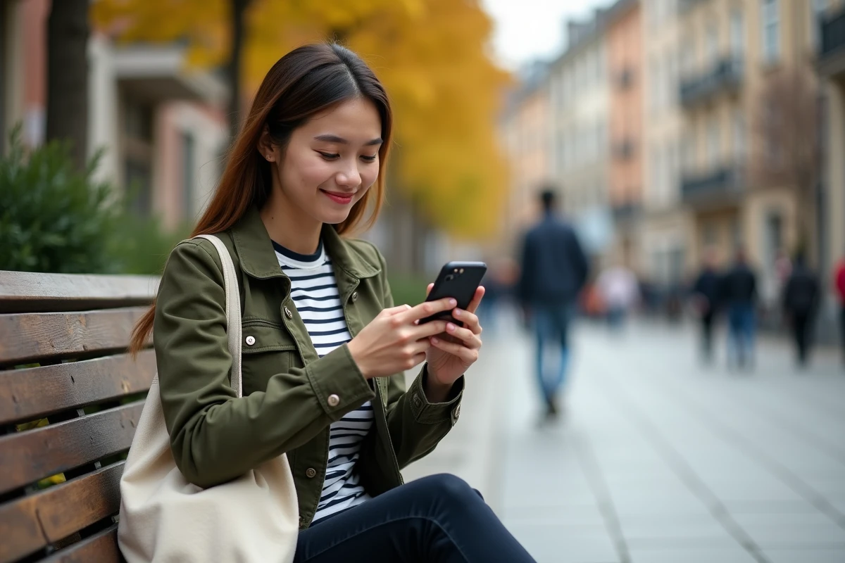 Jeune femme consultant son compte Arkevia et ses fiches de paie en mobilité sur smartphone en extérieur