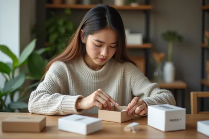 Jeune femme emballant des cosm&eacute;tiques dans un int&eacute;rieur moderne