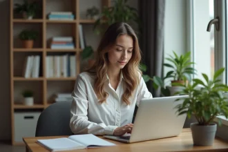 Jeune femme concentrée travaillant sur son ordinateur dans un bureau à domicile