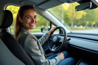 Jeune femme souriante dans une voiture électrique moderne