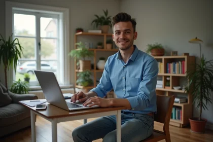 Jeune homme assis &agrave; son bureau avec ordinateur et papiers
