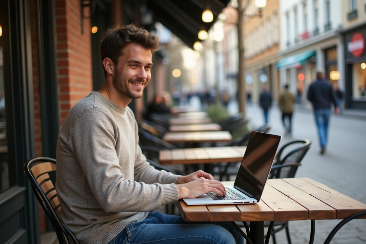 Jeune homme utilisant un ordinateur portable dans un café urbain