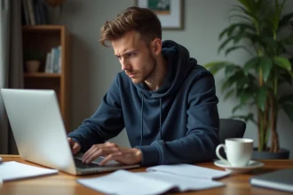 Jeune homme concentré devant son ordinateur en bureau