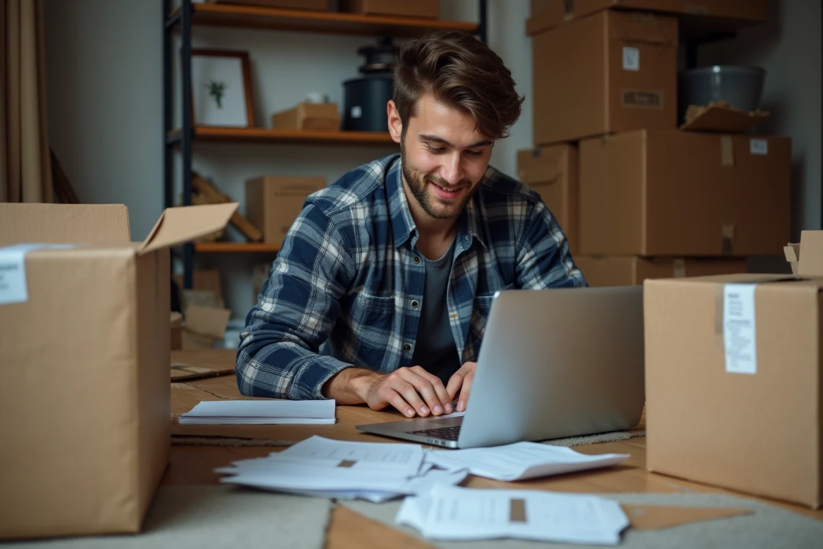 Jeune homme pr&eacute;parant des colis dans une chambre encombr&eacute;e