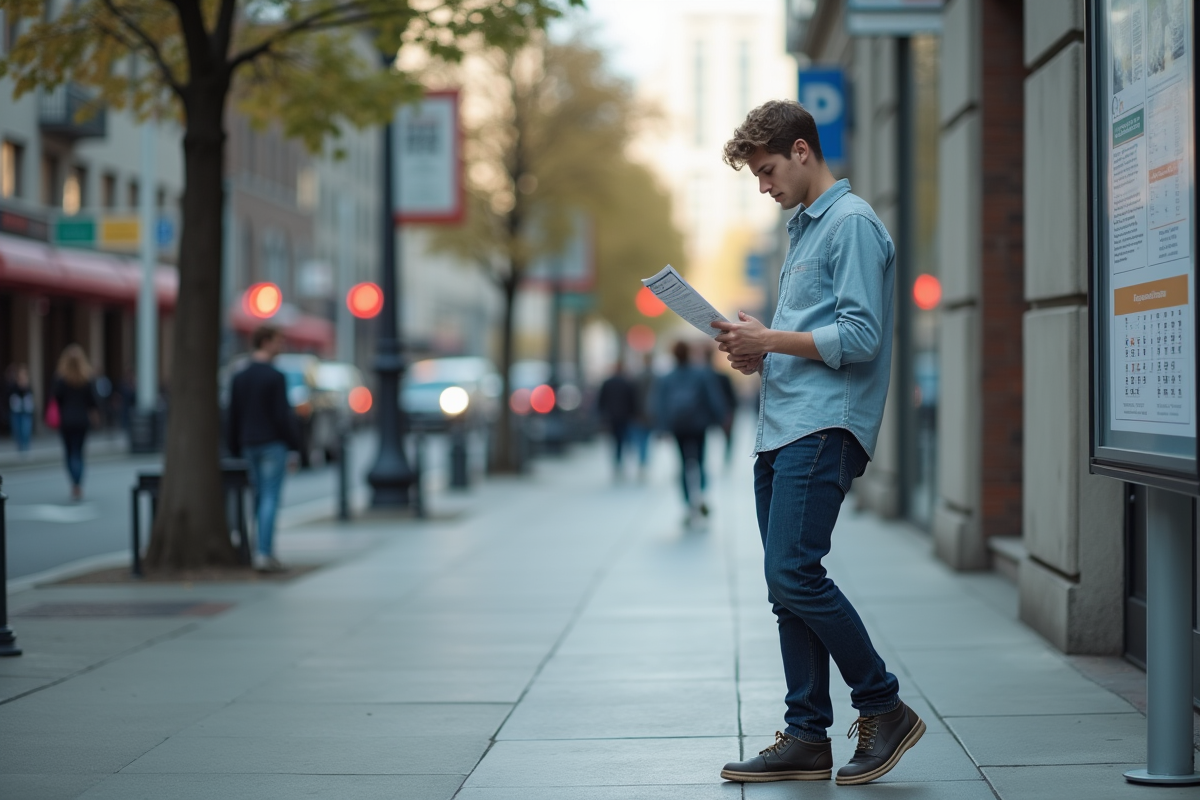 Jeune homme regardant un panneau d