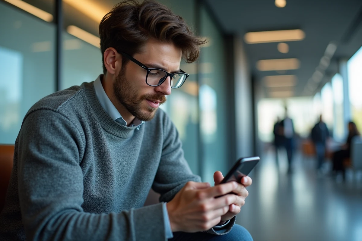 Jeune homme vérifiant ses comptes sur son smartphone dans un espace moderne
