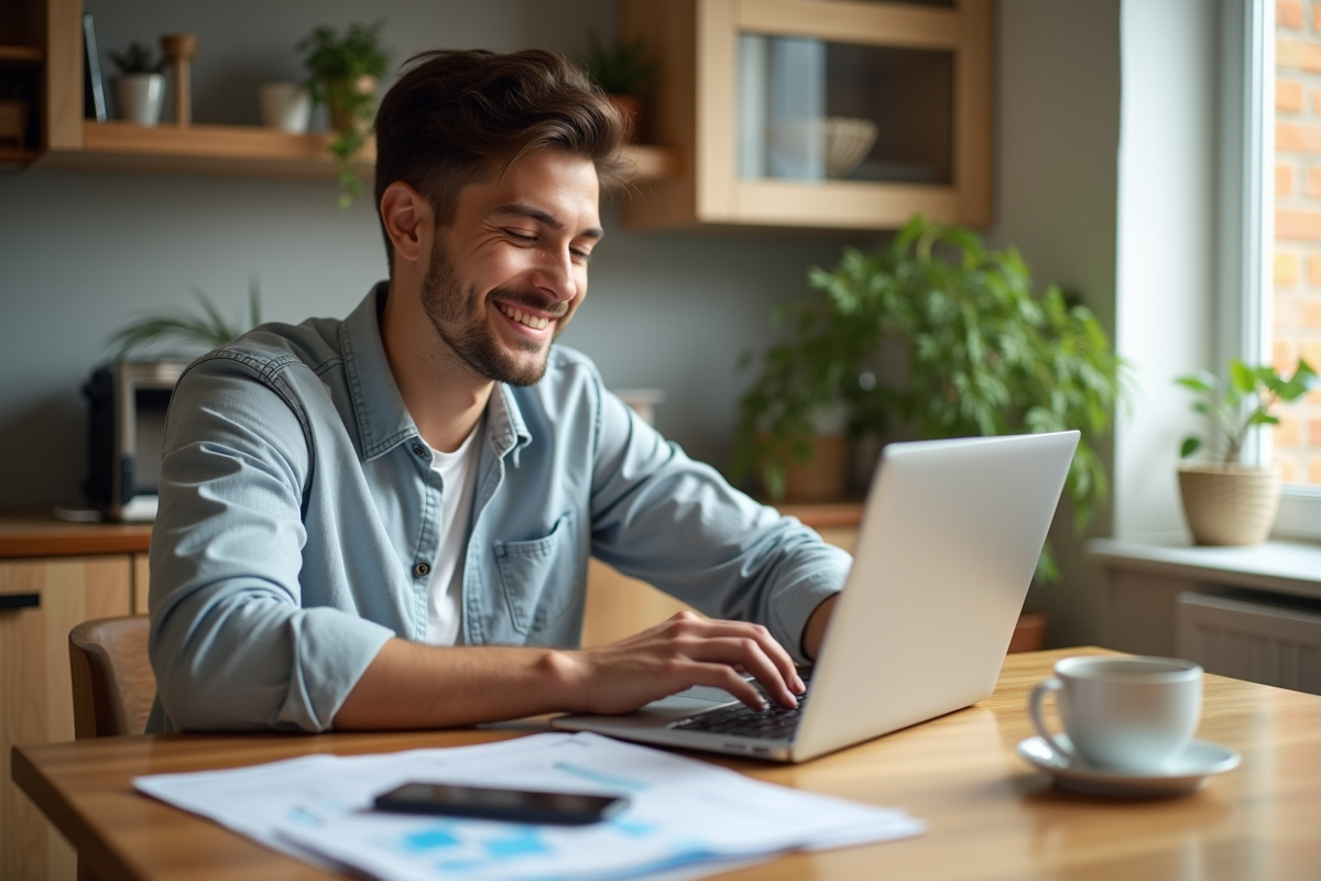 Jeune homme souriant travaillant à la maison avec documents et café