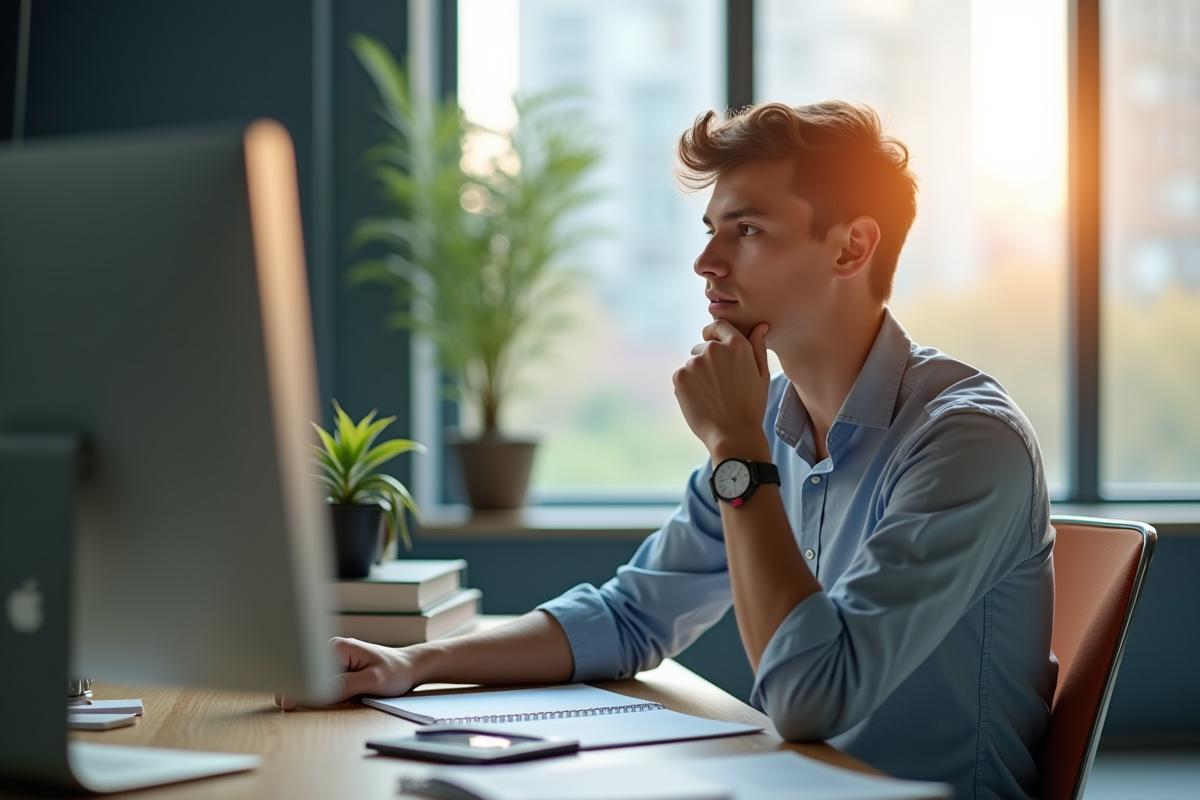 Jeune professionnel seul au bureau regardant par la fenêtre