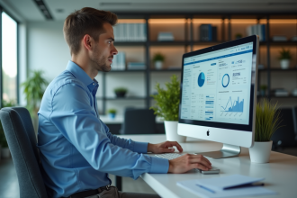 Jeune homme en bureau analysant tableaux marketing