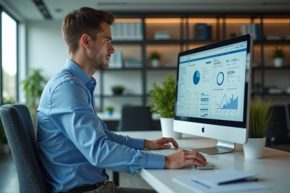 Jeune homme en bureau analysant tableaux marketing