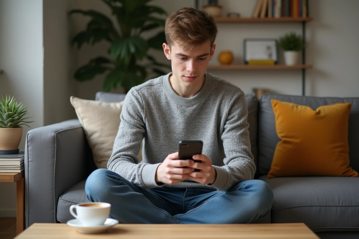 Jeune professionnel recherchant des offres d'emploi notaires sur smartphone depuis son salon
