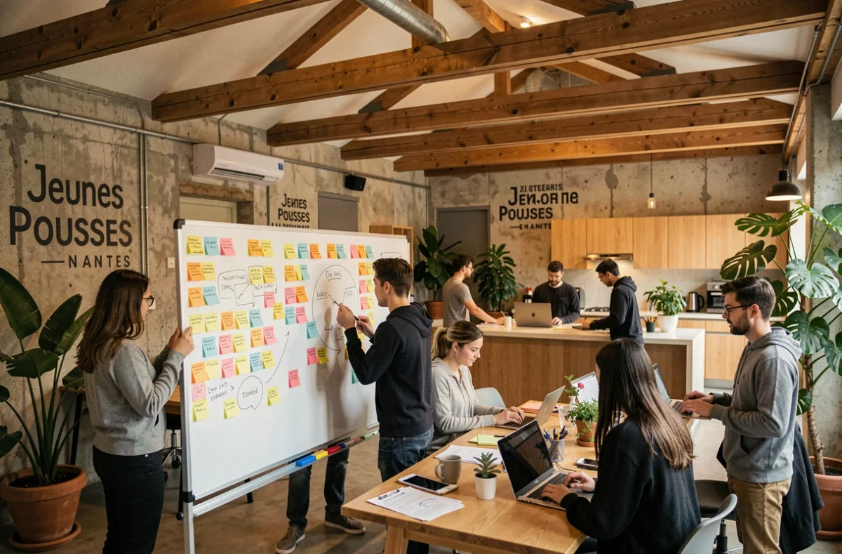 Jeunes Pousses Nantes, espace de coworking dédié aux startups avec de jeunes entrepreneurs travaillant sur des projets innovants