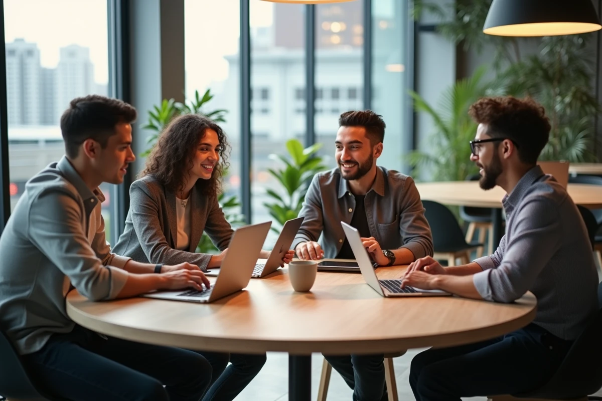 Jeunes professionnels en coworking discutant autour d