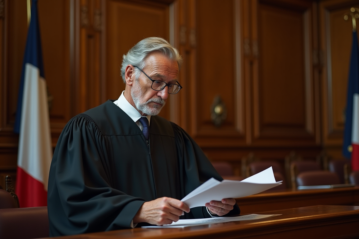 Juge âgé examinant des documents dans une salle d