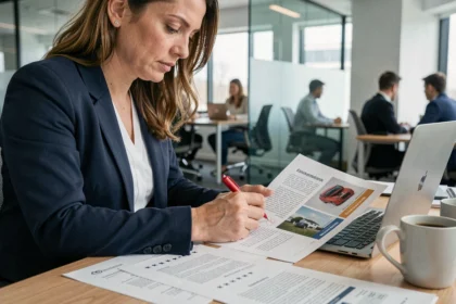 Juriste marketing annotant un visuel publicitaire avec mentions légales obligatoires dans un bureau professionnel