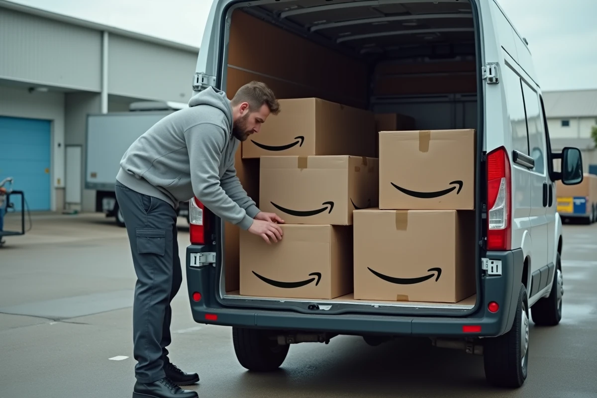 Livreur indépendant organisant des colis Amazon dans le coffre de son véhicule utilitaire dans un entrepôt logistique