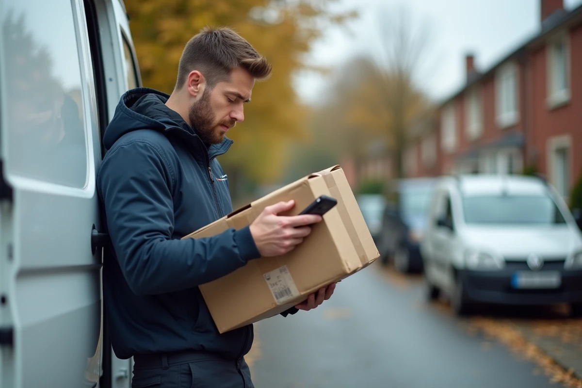 Livreur indépendant Amazon debout près d'un véhicule de livraison blanc en zone résidentielle, consultant son téléphone avec un colis sous le bras