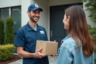 Livreur souriant avec colis devant maison moderne