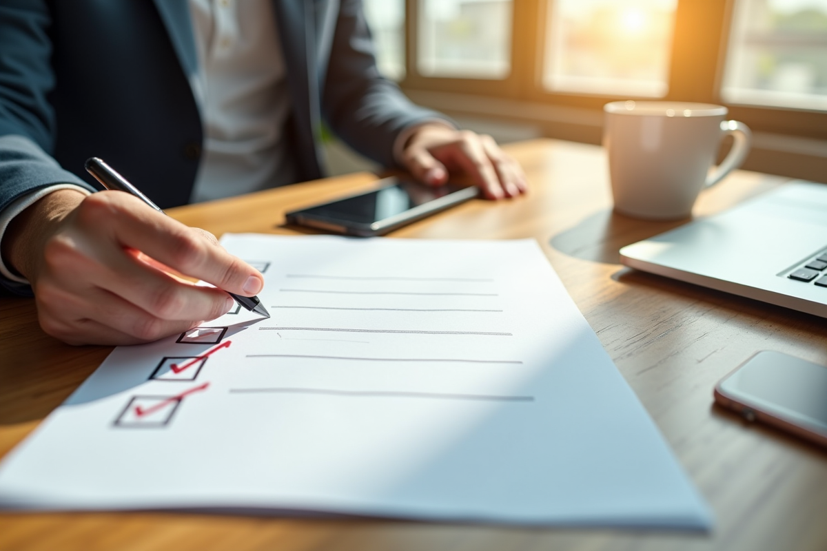 Main plaçant une checklist sur un bureau avec ordinateur et café