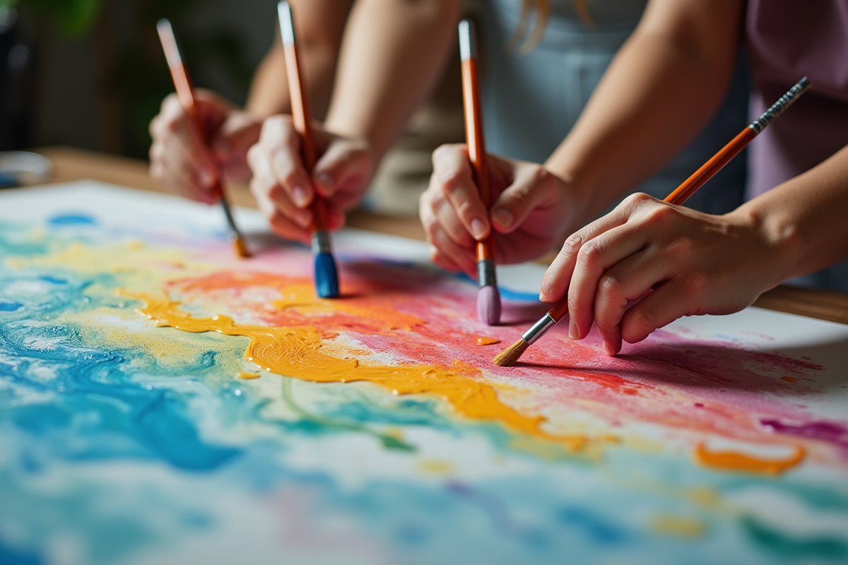 Plusieurs mains peignant ensemble sur une grande toile colorée